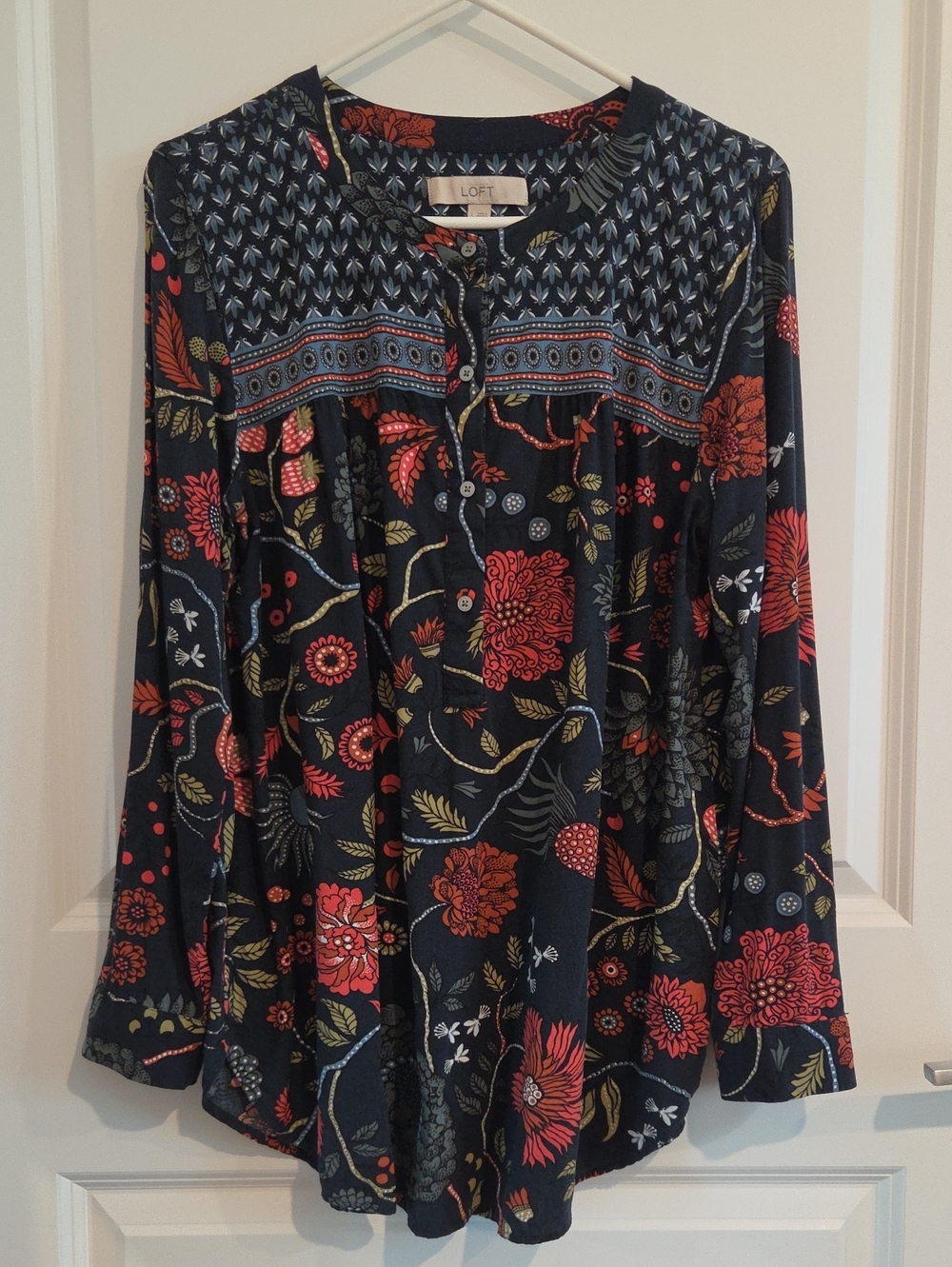 LOFT Navy Floral Button-Front Tunic Women's Size L